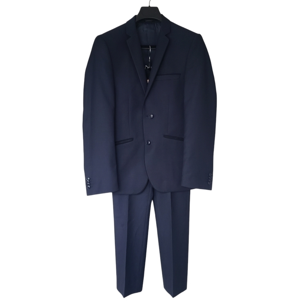 NEW Tip Top Bellissimo Suit Navy Blue With Black Trim Blazer 36S Pants 30S